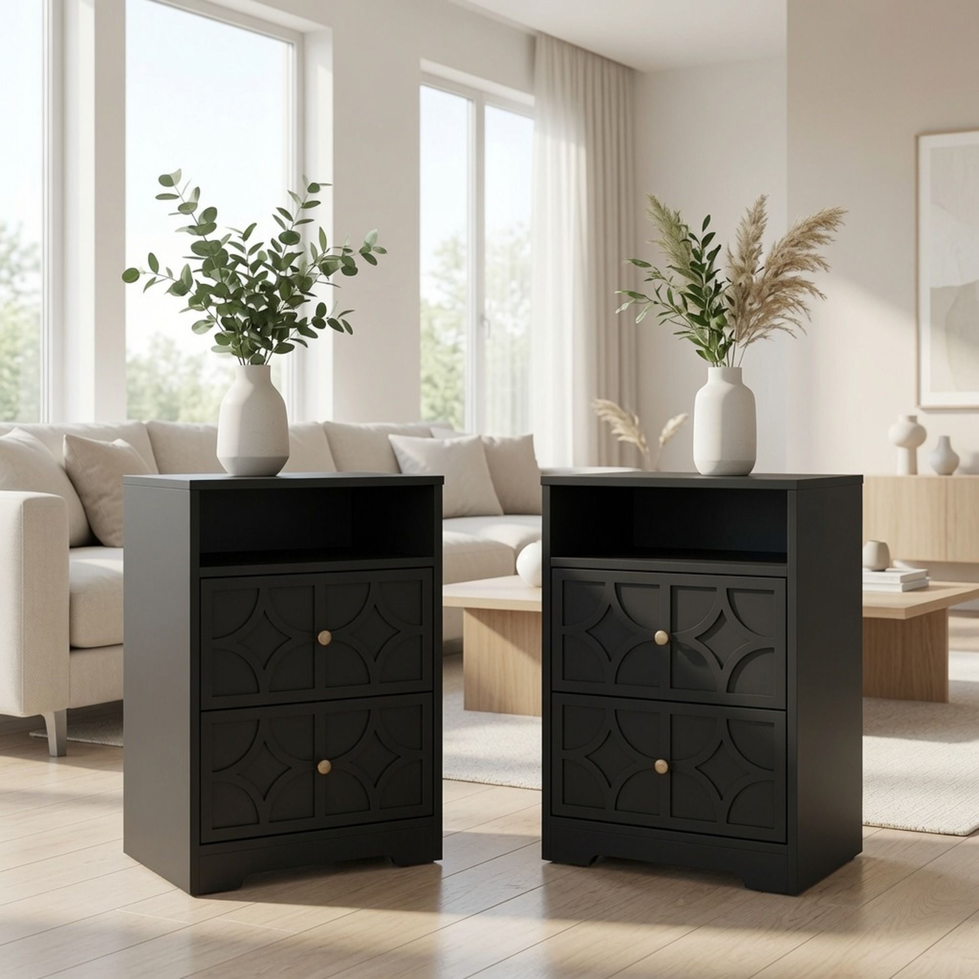 Nightstand With Diamond Carvings Handles, 2 Drawers &amp; Charging Station