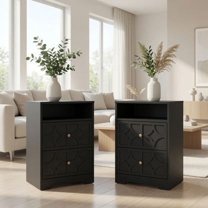 Nightstand With Diamond Carvings Handles, 2 Drawers &amp; Charging Station