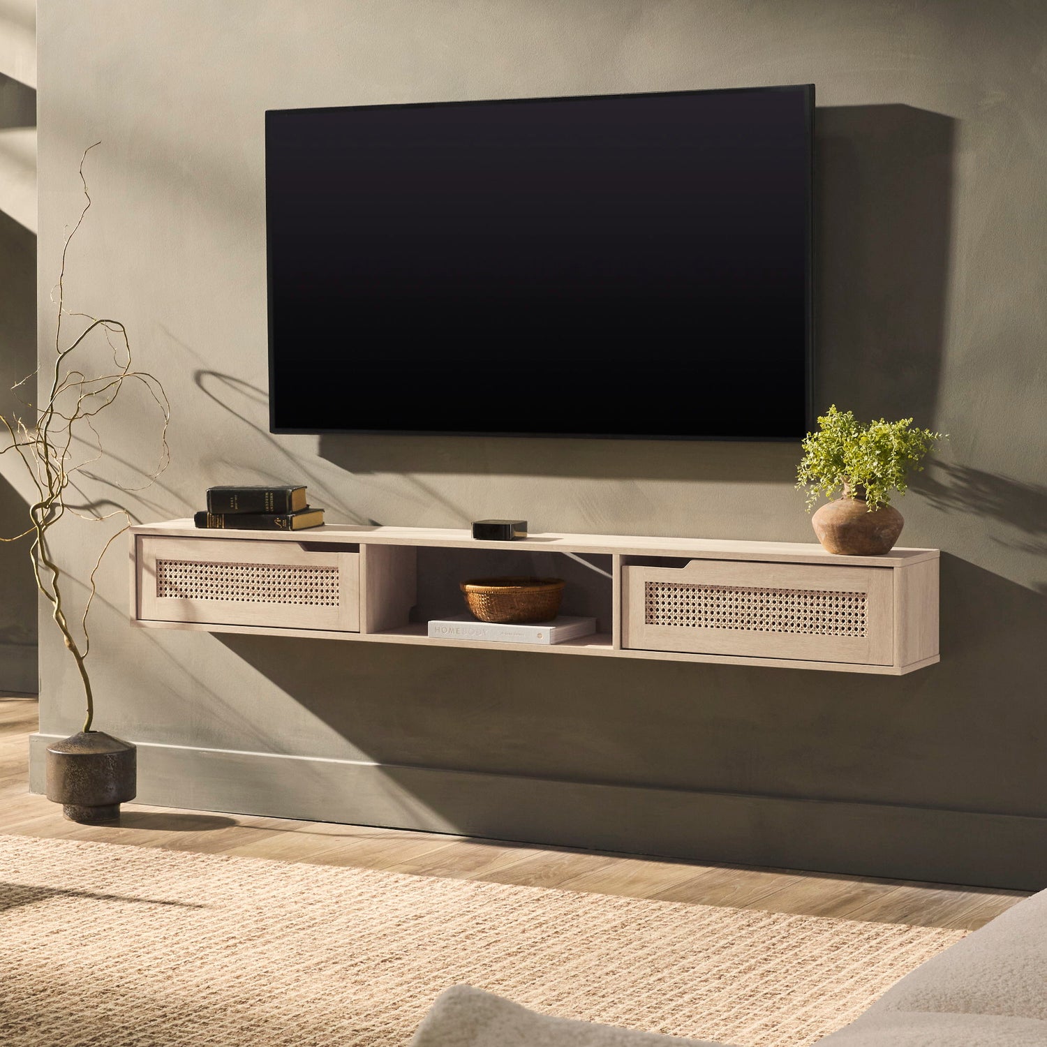 Modern Rattan Door Floating TV Stand For TVs Up To 65&quot;