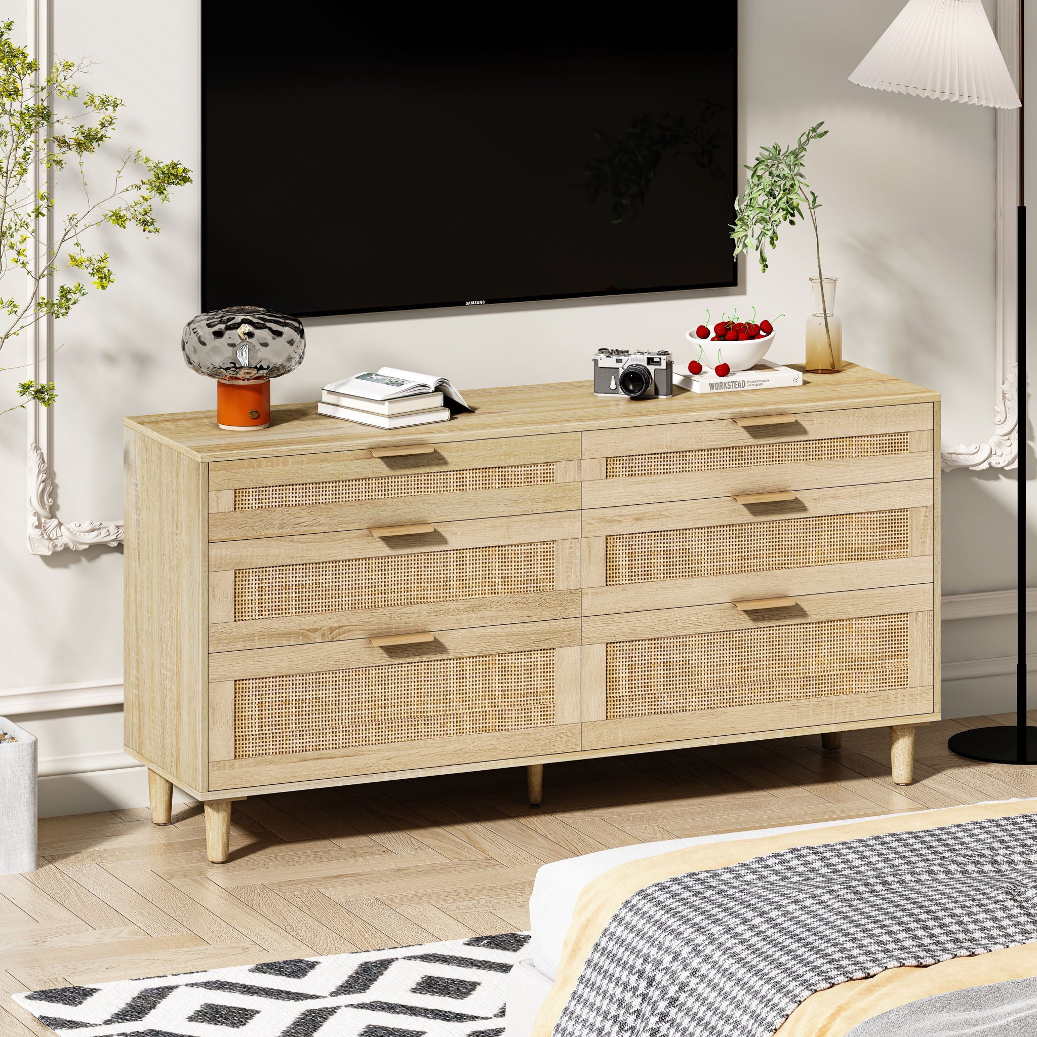 Rattan Dresser With 6 Drawers, Wooden Legs &amp; Metal Handle