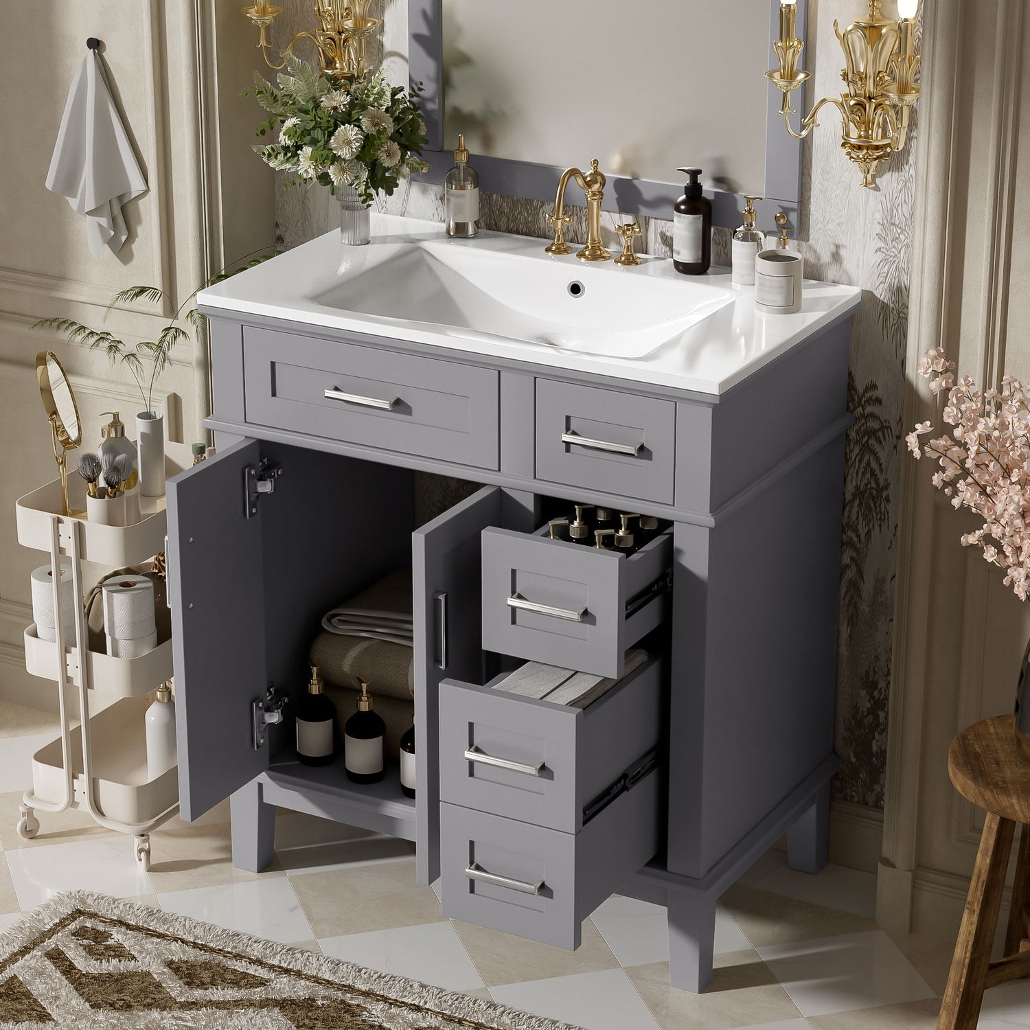 Modern Bathroom Vanity With Sink, Storage Cabinet, Soft Close Doors, Deep &amp; Standard Drawers