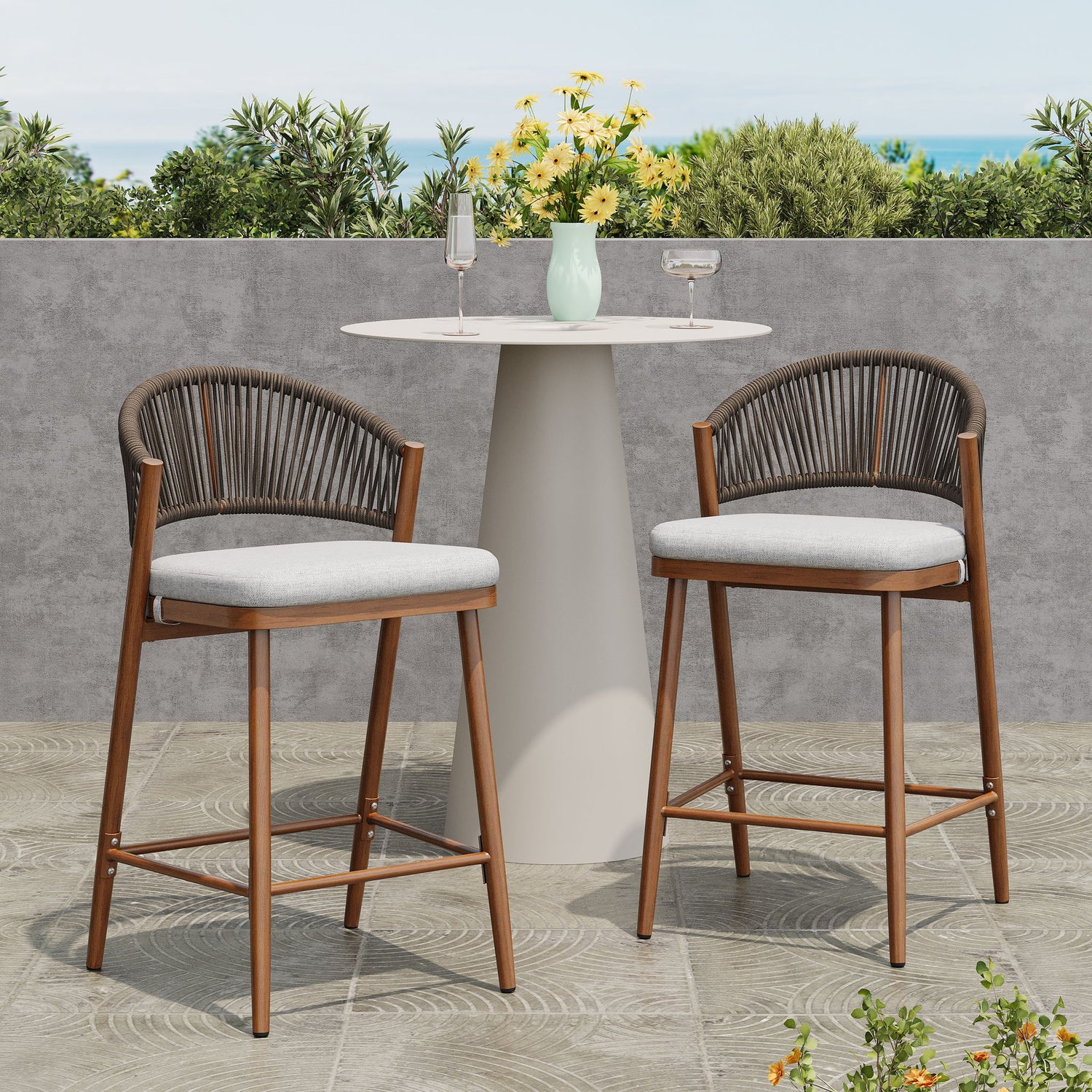 Outdoor 26&quot; Counter Height Metal Frame Counter Stools With Scallop Shaped Backrest &amp; Water Resistant Cushions