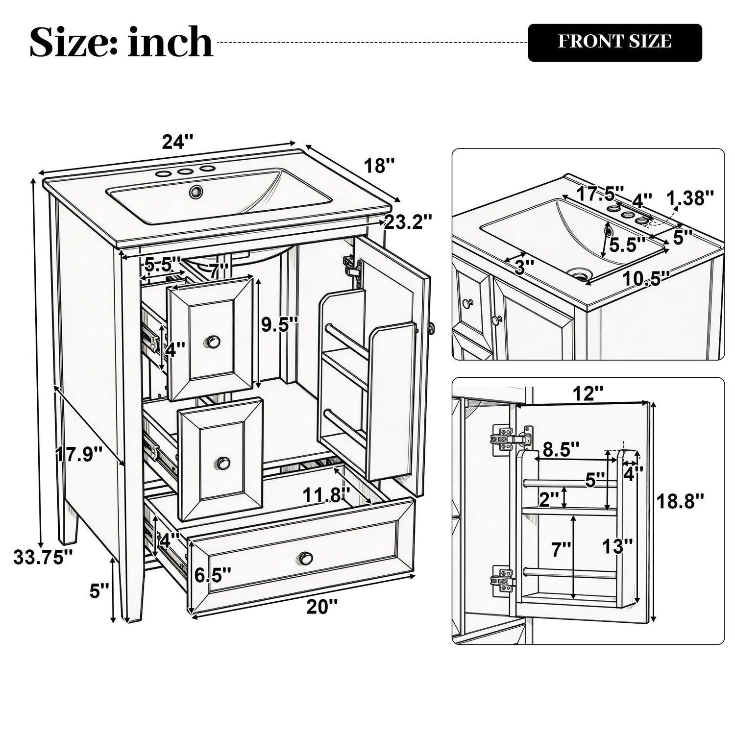 Modern Bathroom Vanity With Sink, Soft Close Drawers &amp; Door, Storage Rack