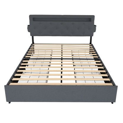 Bed With USB Charging Station, LED Lights, Headboard &amp; Storage Drawers