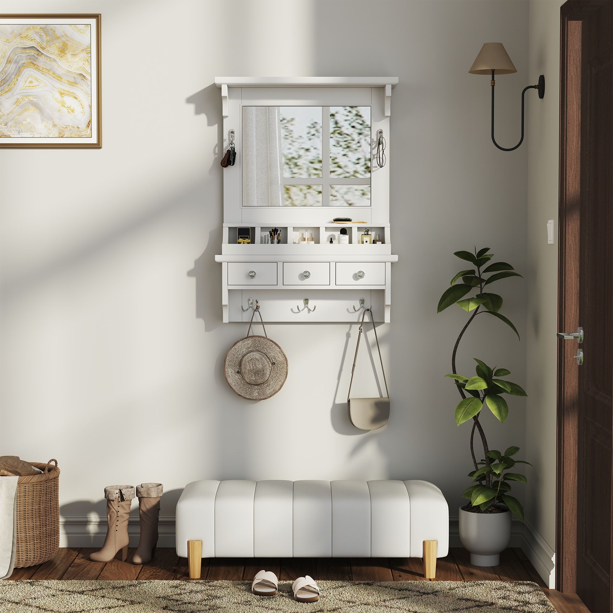 Floating Makeup Vanity With Big Mirror, Wall Mounted Storage Vanity With Drawers, Pockets &amp; Hooks, Space Saving Decorative Home Organizer - White