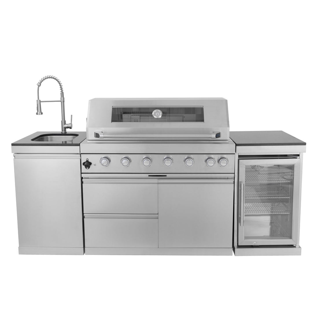 6 Burner 85, 000 Btu Deluxe Gas Outdoor Kitchen Island Grill With Wine Cooler Refrigerator, Rotisserie, Storage Cabinets &amp; Drawers - Silver
