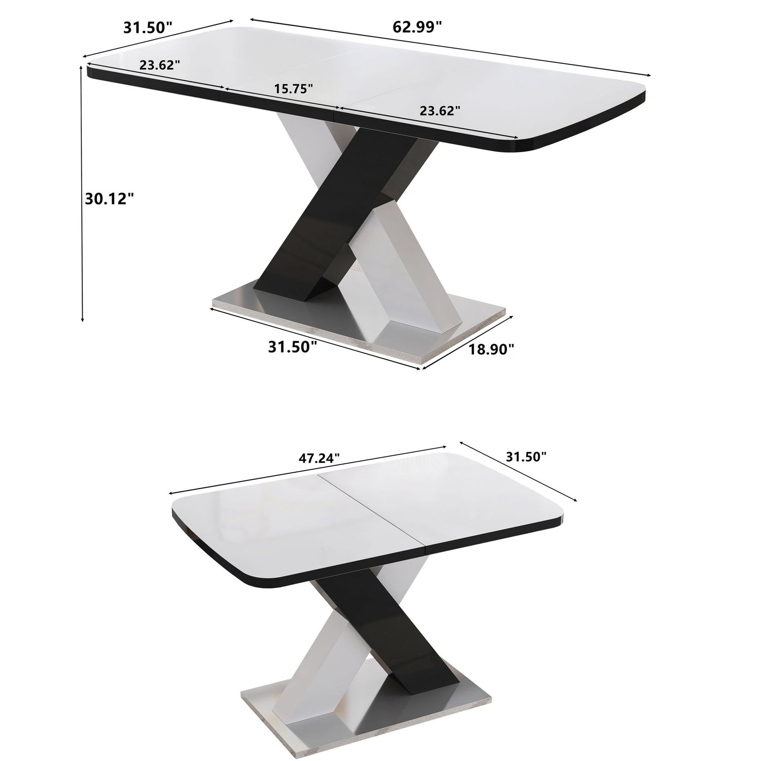 Rectangle Dining Table, Stretchable, Table Top With X Shape And Legs And Base - White / Black
