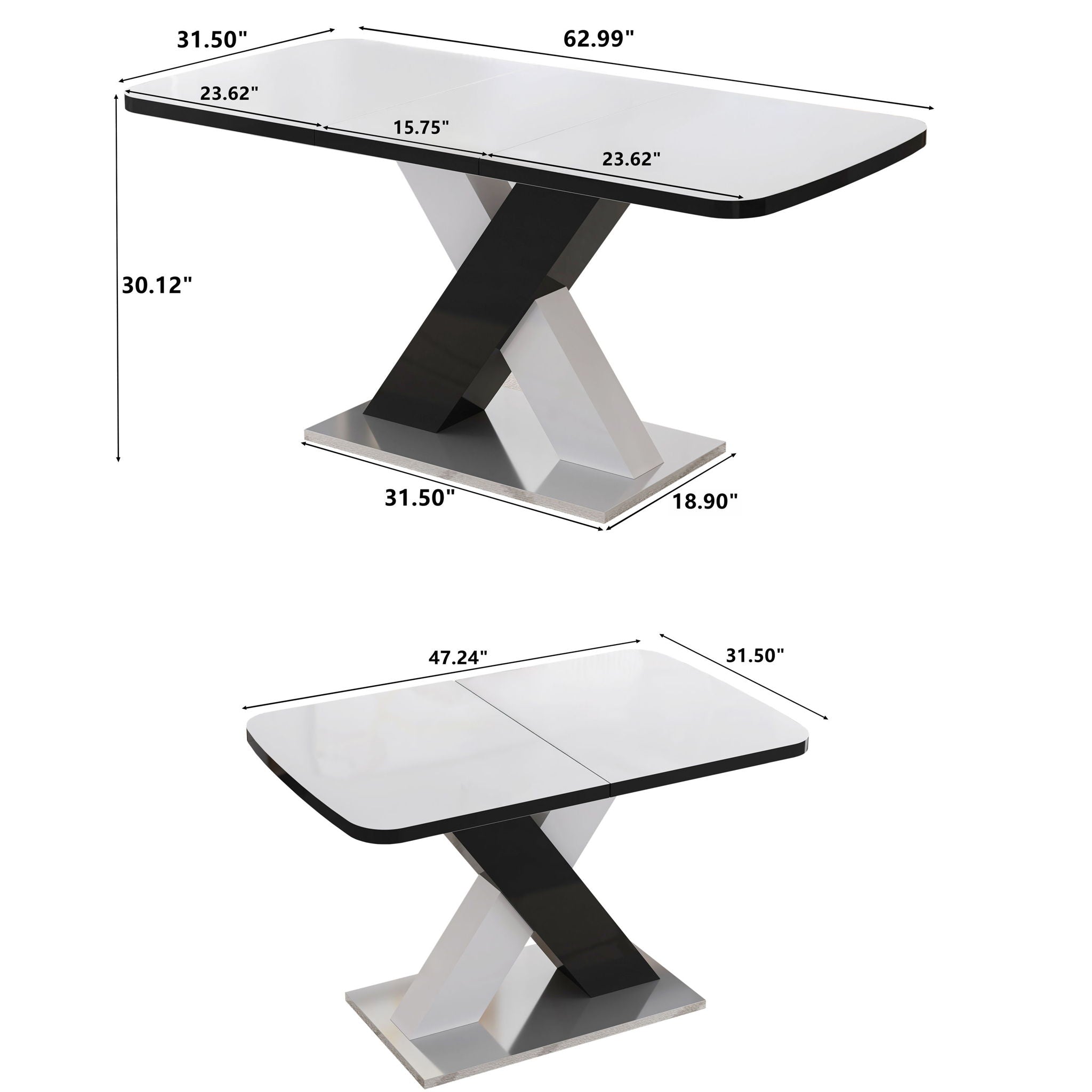 Rectangle Dining Table, Stretchable, Table Top With X Shape And Legs And Base - White / Black