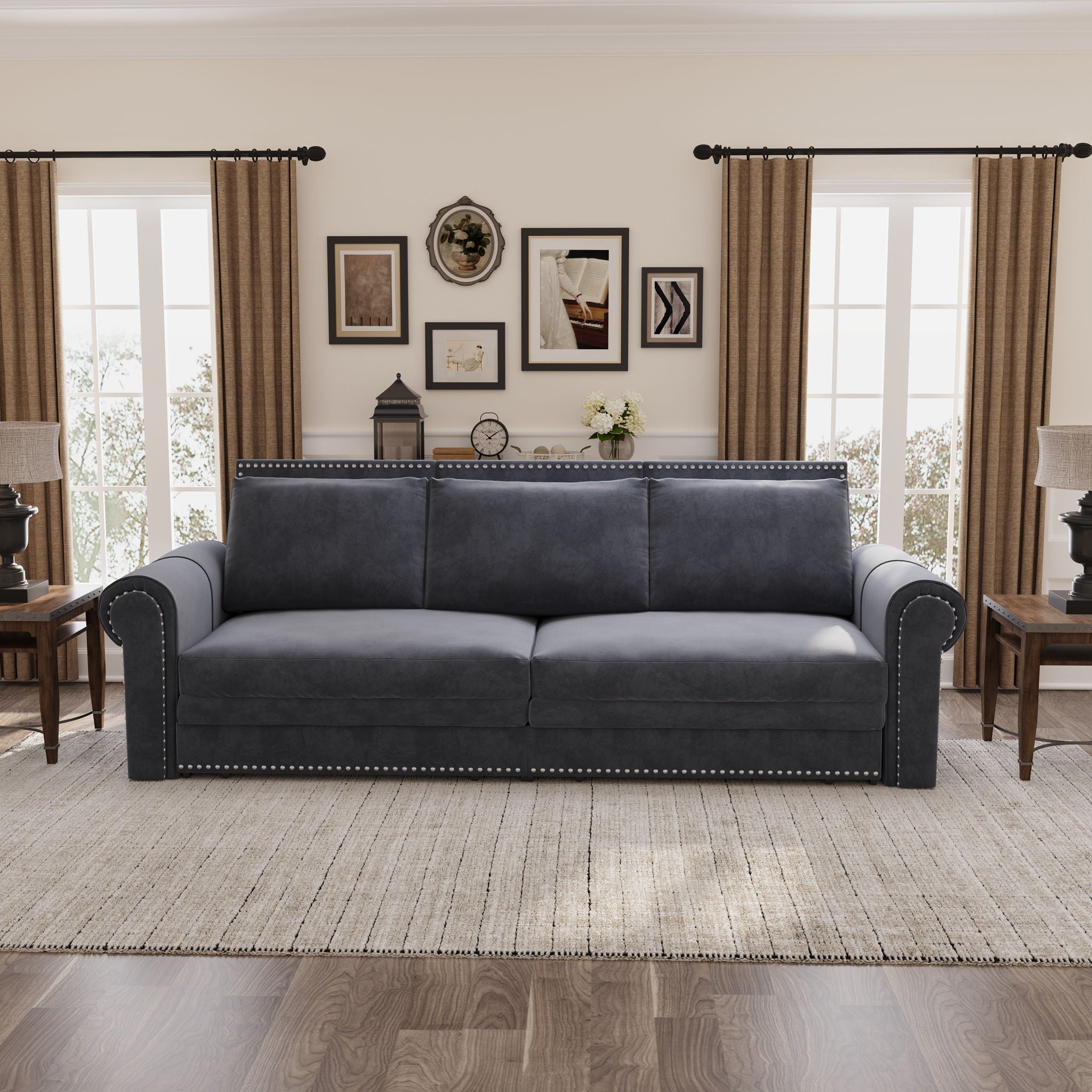 3 In 1 Convertible Sleeper Sofa With Nailhead Trim &amp; Rolled Arm