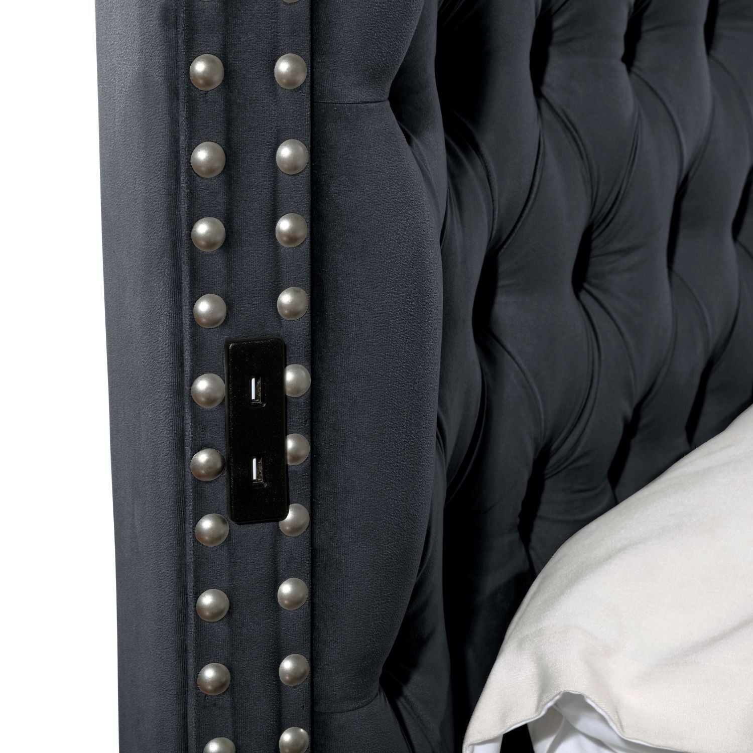 Hazel - Queen Size Tufted Storage Bed &amp; Bluetooth Speakers, USB Port - Black