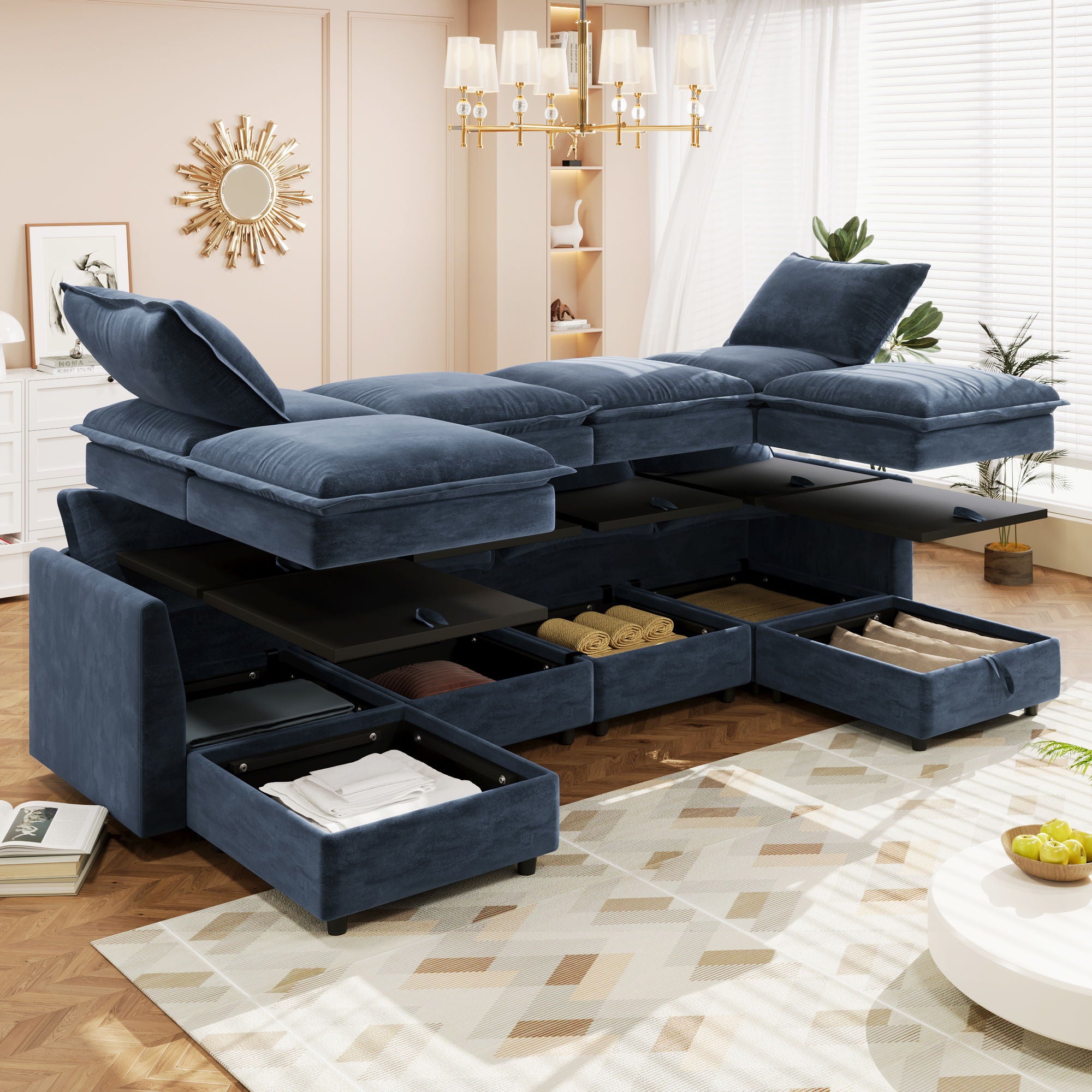 Versatile 6 Piece Modular Sofa Bed With Storage, Stylish Faux Double Layer Cushions, Comfortable &amp; Durable Design, Perfect For Any Living Space