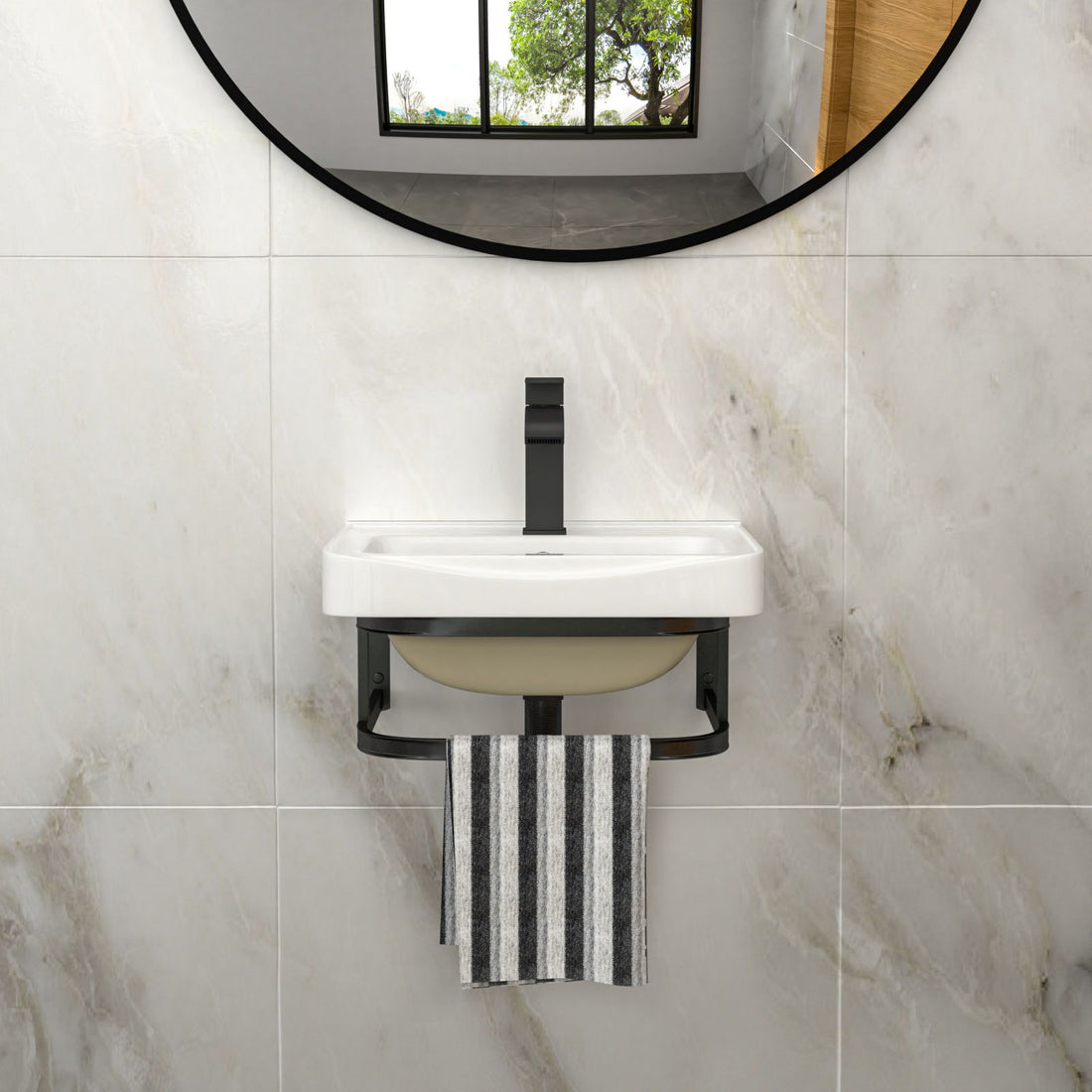 Wall Mounted Bathroom Sink With Towel Bar &amp; Overflow - White / Black