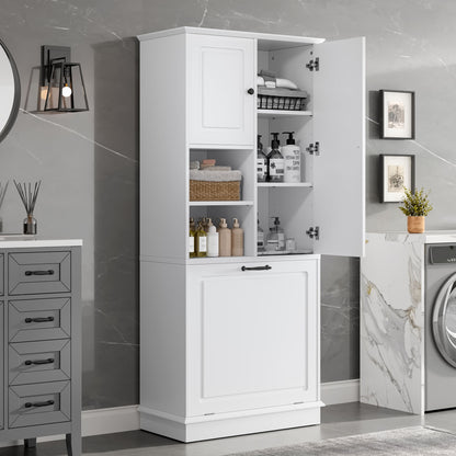 Modern Tall Storage Cabinet With Adjustable Shelves, Flip-Out Basket &amp; Enclosed Doors
