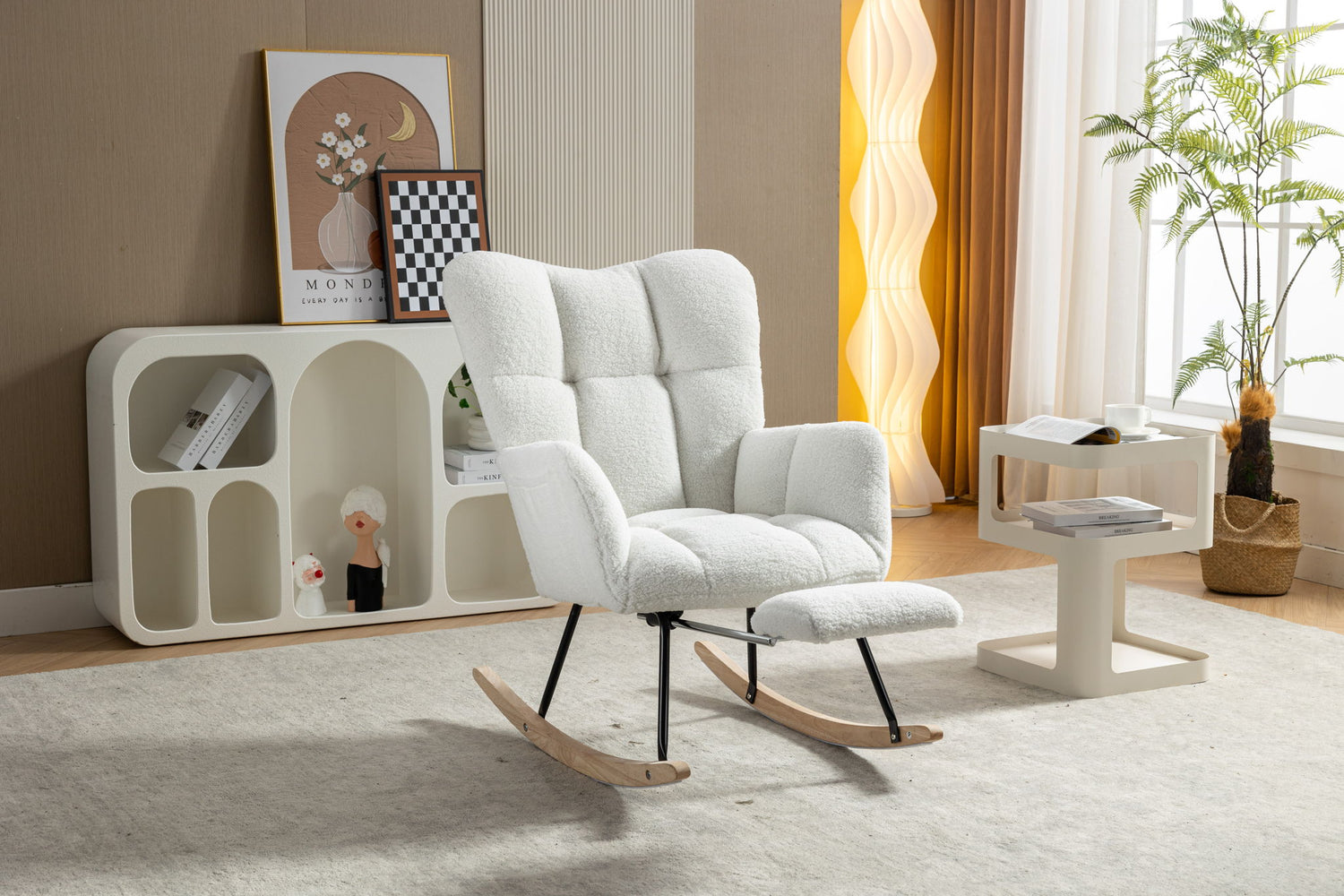 Teddy Fabric Rocking Chair With Adjustable Footrest - Ivory