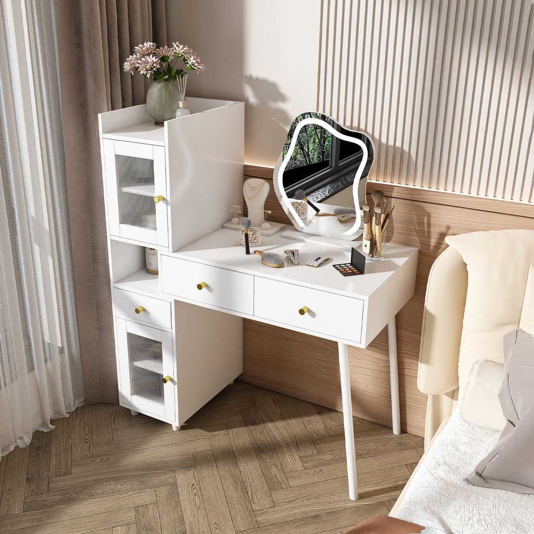 Vanity Dressing Table With LED Mirror &amp; Storage Makeup Desk With 3 Drawers, 2 Open Shelves &amp; 4 Hidden Cabinets - White
