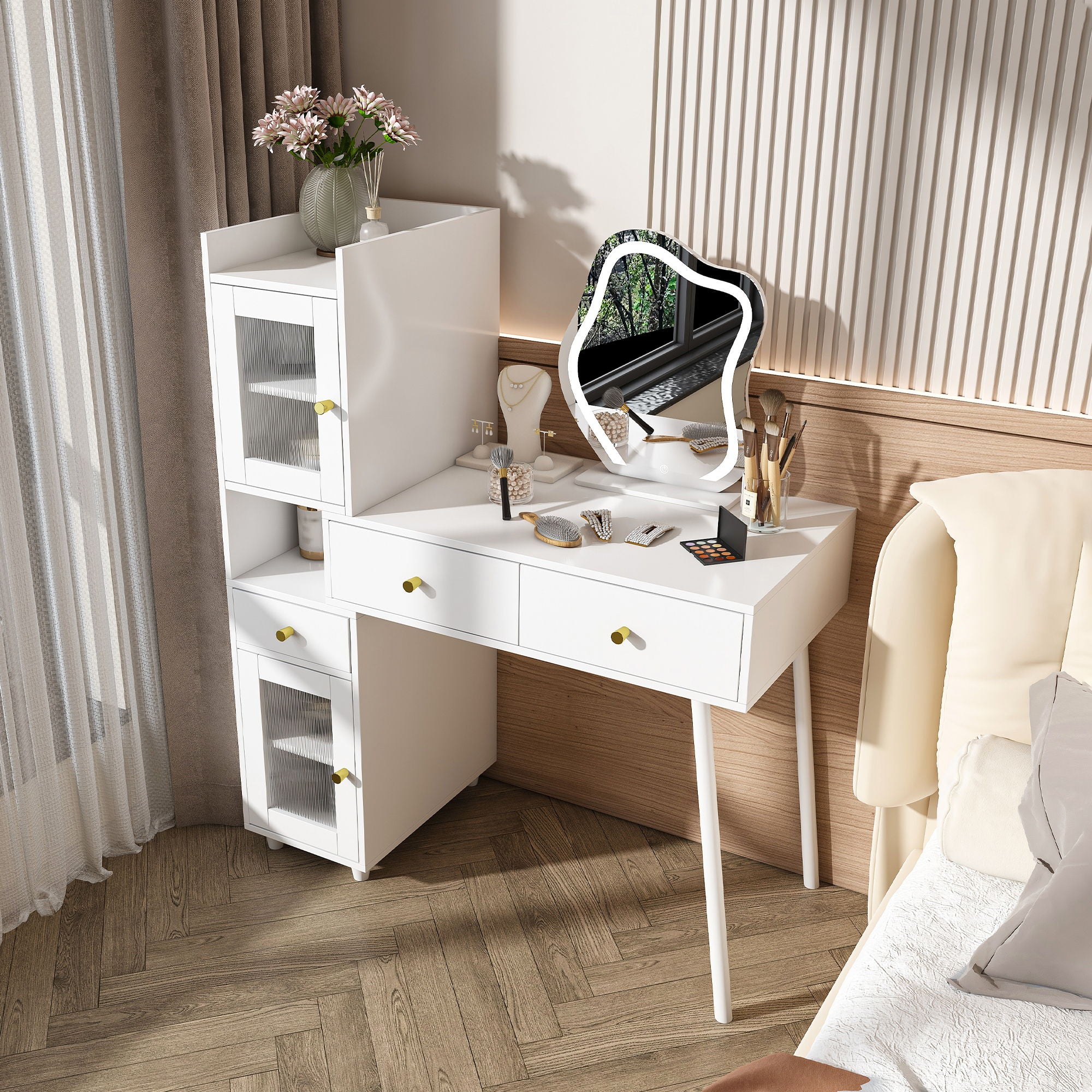 Vanity Dressing Table With LED Mirror &amp; Storage Makeup Desk With 3 Drawers, 2 Open Shelves &amp; 4 Hidden Cabinets - White
