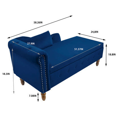 Chaise Lounge Indoor, Velvet Lounge Chair For Bedroom With Storage &amp; Pillow, Modern Upholstered Rolled Arm Chase Lounge For Sleeping With Nailhead Trim For Living Room Bedroom Office