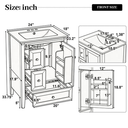Modern Bathroom Vanity With Sink, Soft Close Drawers &amp; Door, Storage Rack
