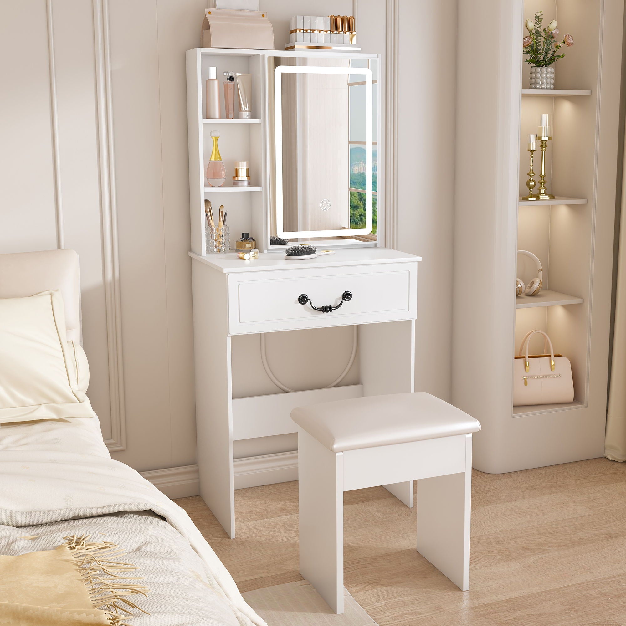 Modern Mini Dressing Table With Led-Lit Mirror &amp; Hidden Storage, Adjustable Brightness Vanity Desk - White