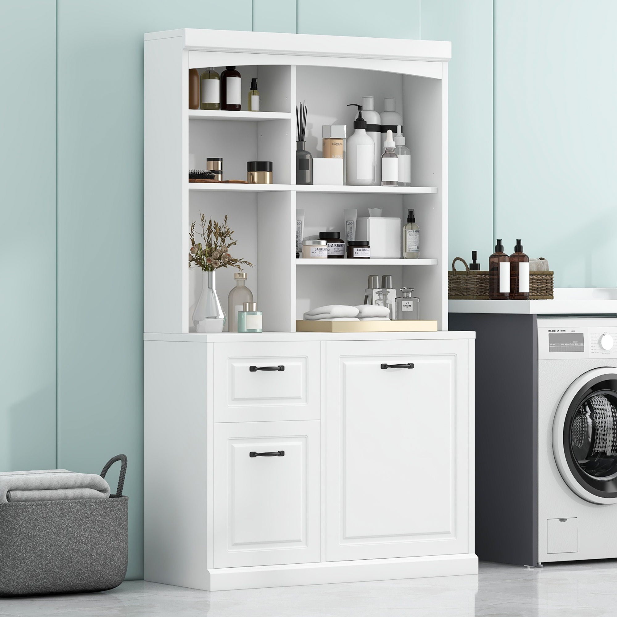 Bathroom Storage Cabinet With Tilt Out Hamper, Tall Free Standing Organizer With Drawers &amp; Adjustable Shelves, Linen Tower With Steel Handles - White