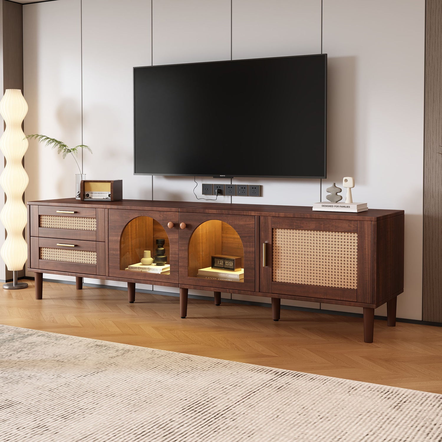 TV Stand With 3 Cabinets &amp; 2 Drawers, LED Light Media Console For TVs Up To 80" - Dark Brown
