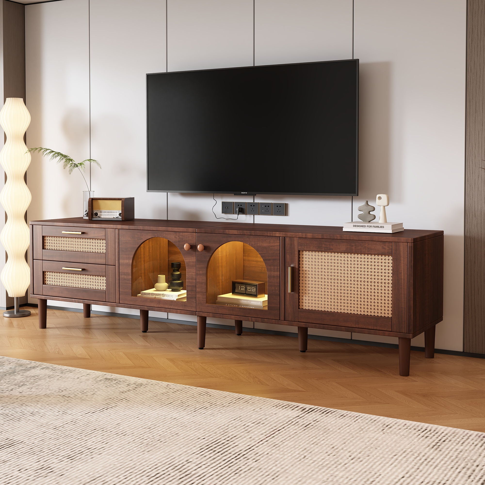 TV Stand With 3 Cabinets &amp; 2 Drawers, LED Light Media Console For TVs Up To 80" - Dark Brown