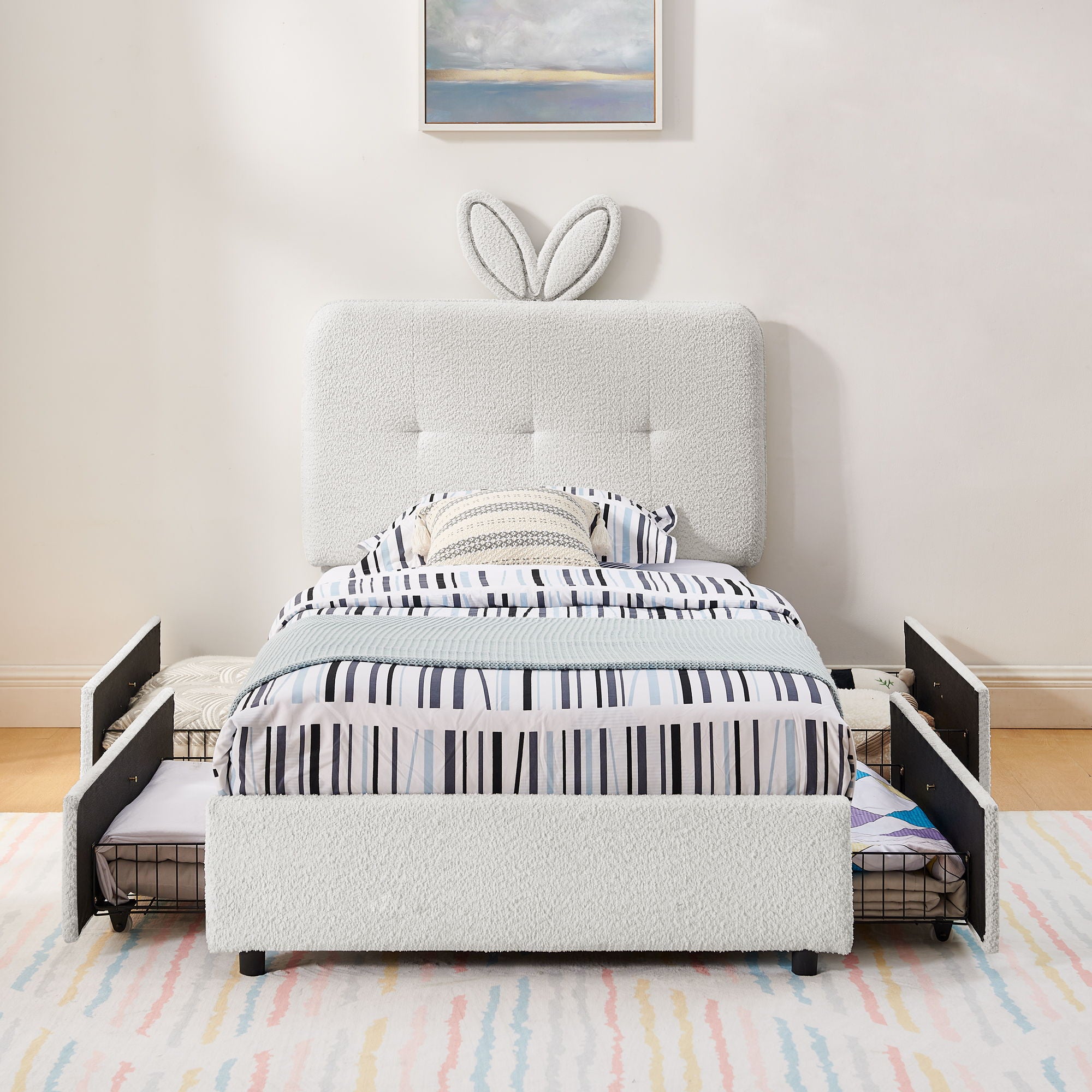 Upholstered Bed With Oversized Rabbit Ear Headboard, LED Lights &amp; 4 Storage Drawers