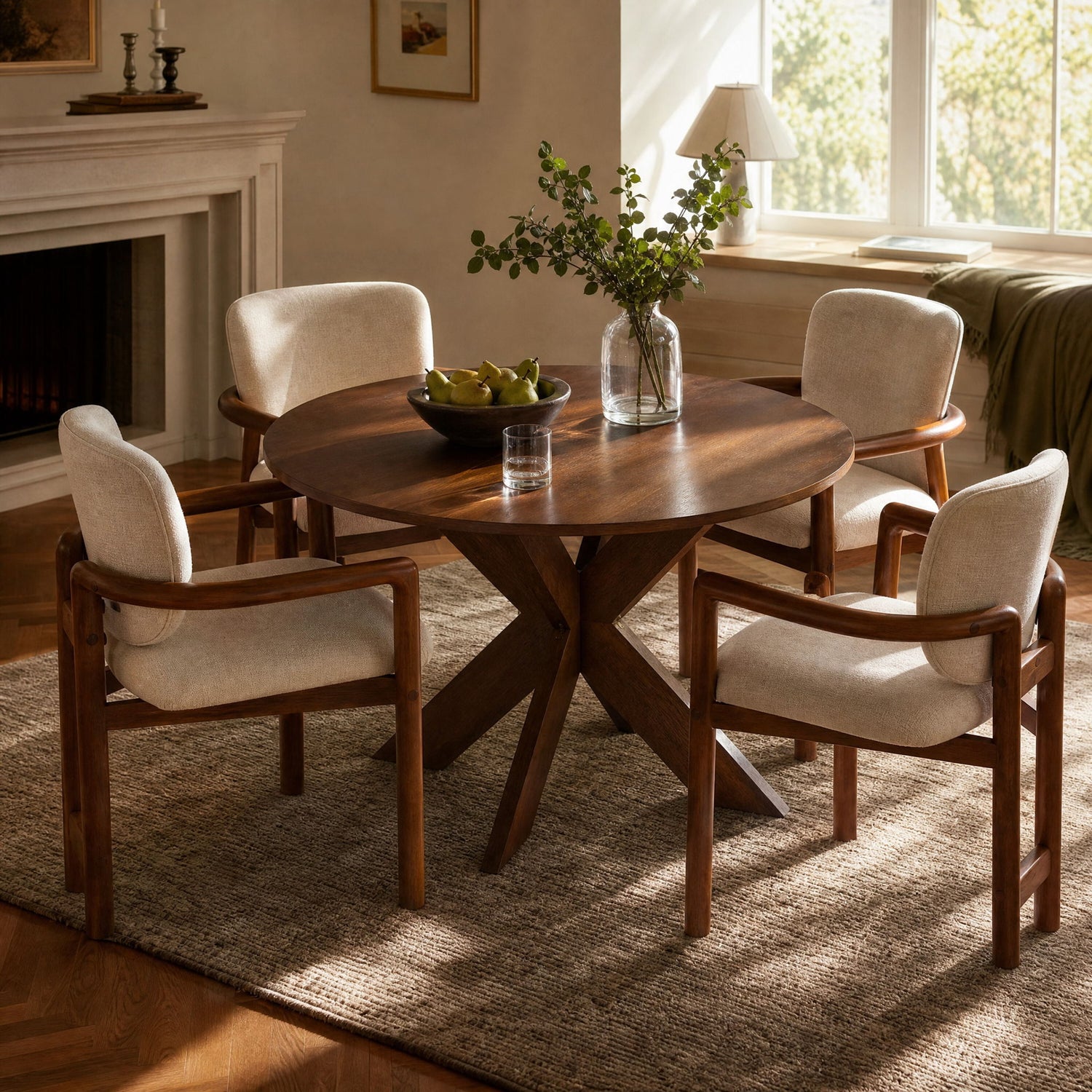 5 Piece Indoor Dining Set, Round Table &amp; 4 Brown Arm Chairs - Beige / Brown / Cherry