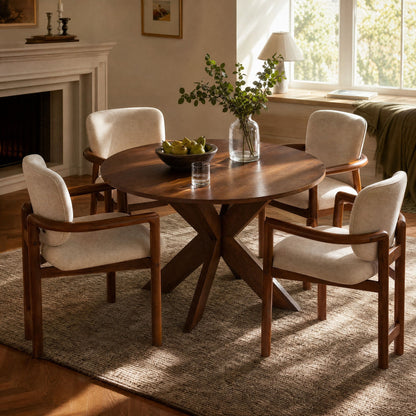 5 Piece Indoor Dining Set, Round Table &amp; 4 Brown Arm Chairs - Beige / Brown / Cherry