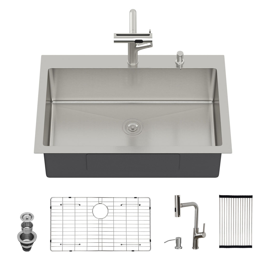 30&quot; Single Bowl Drop In Kitchen Sink With Pull Out Faucet And Soap Dispenser - Brushed Nickel