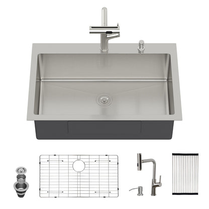 30&quot; Single Bowl Drop In Kitchen Sink With Pull Out Faucet And Soap Dispenser - Brushed Nickel