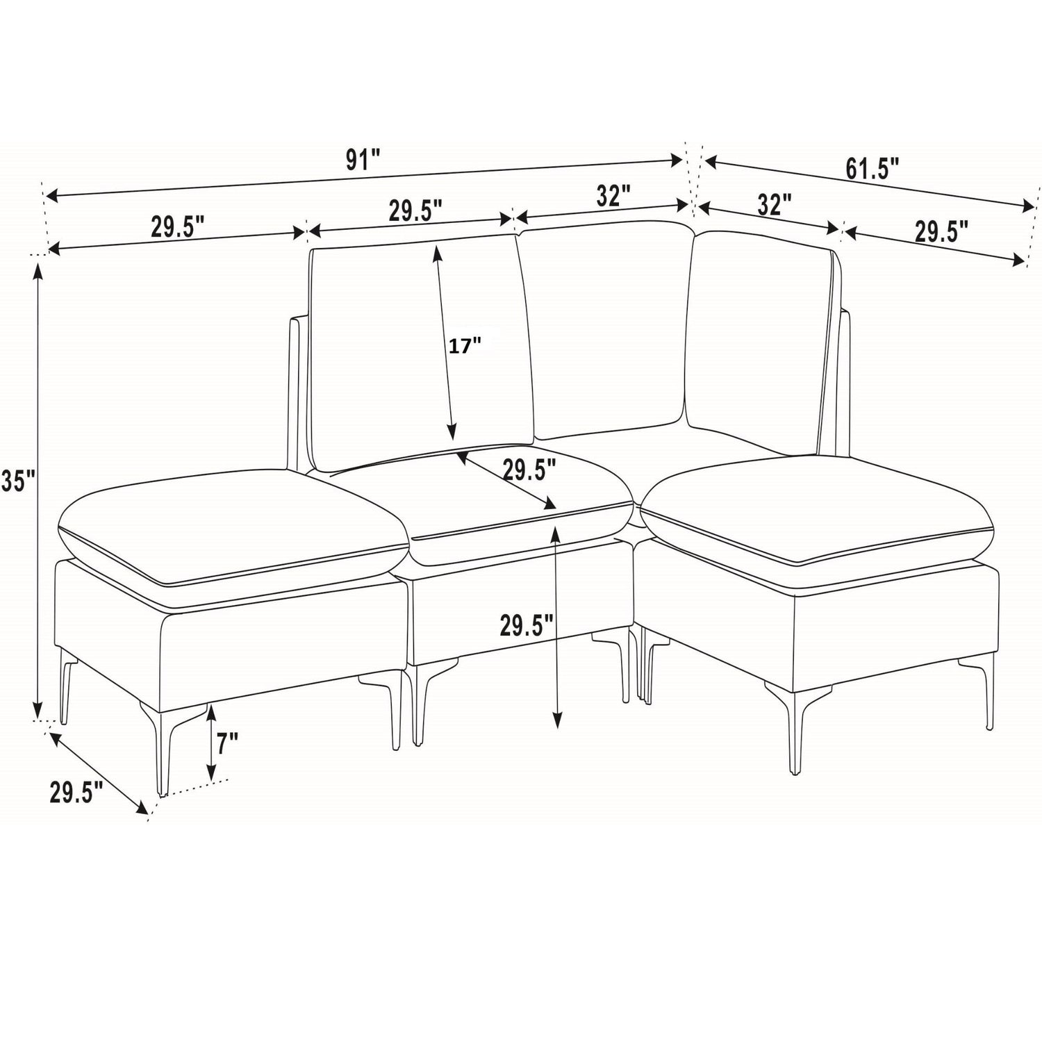 Upholstered Modular Sectional With Tall Legs, Medium Firm Seat