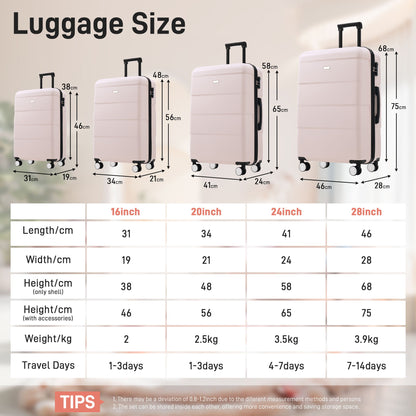 Hardshell Luggage Set 6 Piece With Duffel &amp; Toiletry Bag, Lightweight Spinner Wheels, 16" / 20" / 24" / 28" Suitcases - Light Pink