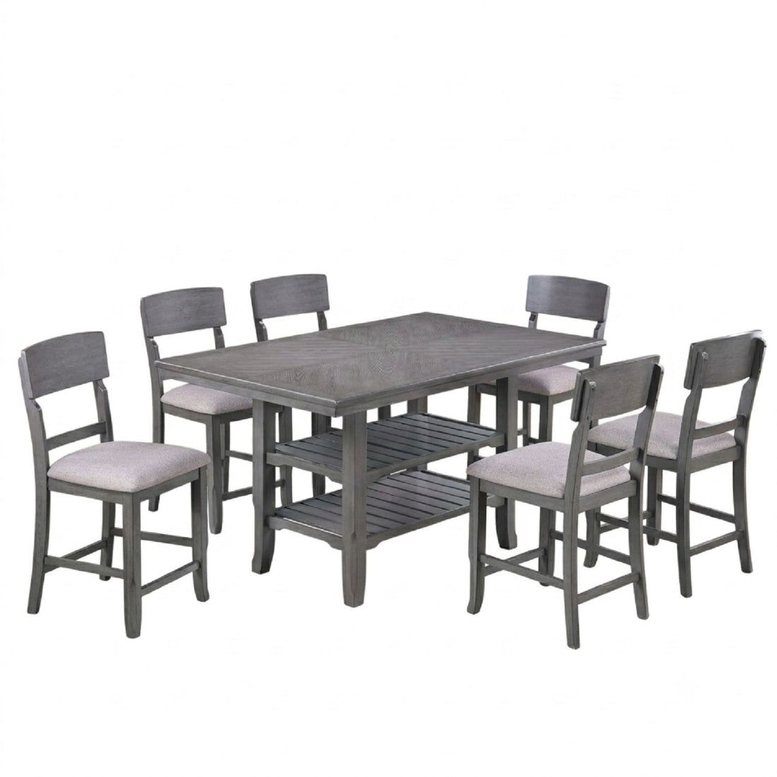 7 Piece Counter Height Dining Set With Storage Shelves, Table &amp; 6 High Chairs - Gray