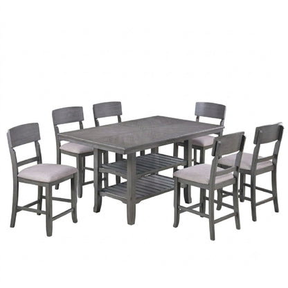 7 Piece Counter Height Dining Set With Storage Shelves, Table &amp; 6 High Chairs - Gray
