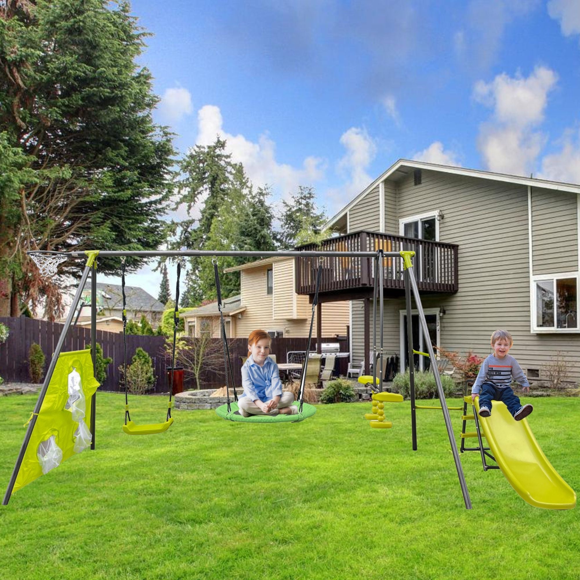 Interesting Six Function Swingset With Net Swing Metal Plastic Safe Swing Set 440Lbs For Outdoor Playground For Age 3+ With 31.5&quot; Net Swing - Gray / Blue