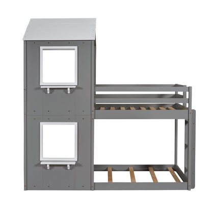 Bunk Bed Wood Bed &amp; Roof, Window, Guardrail, Ladder