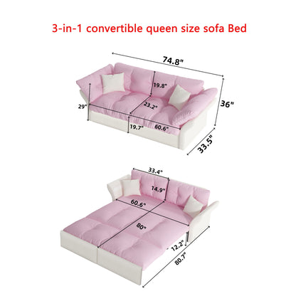 Queen Pull Out, 3 In 1 Convertible Sleeper Tufted Sofa &amp; 2 Soft Pillows