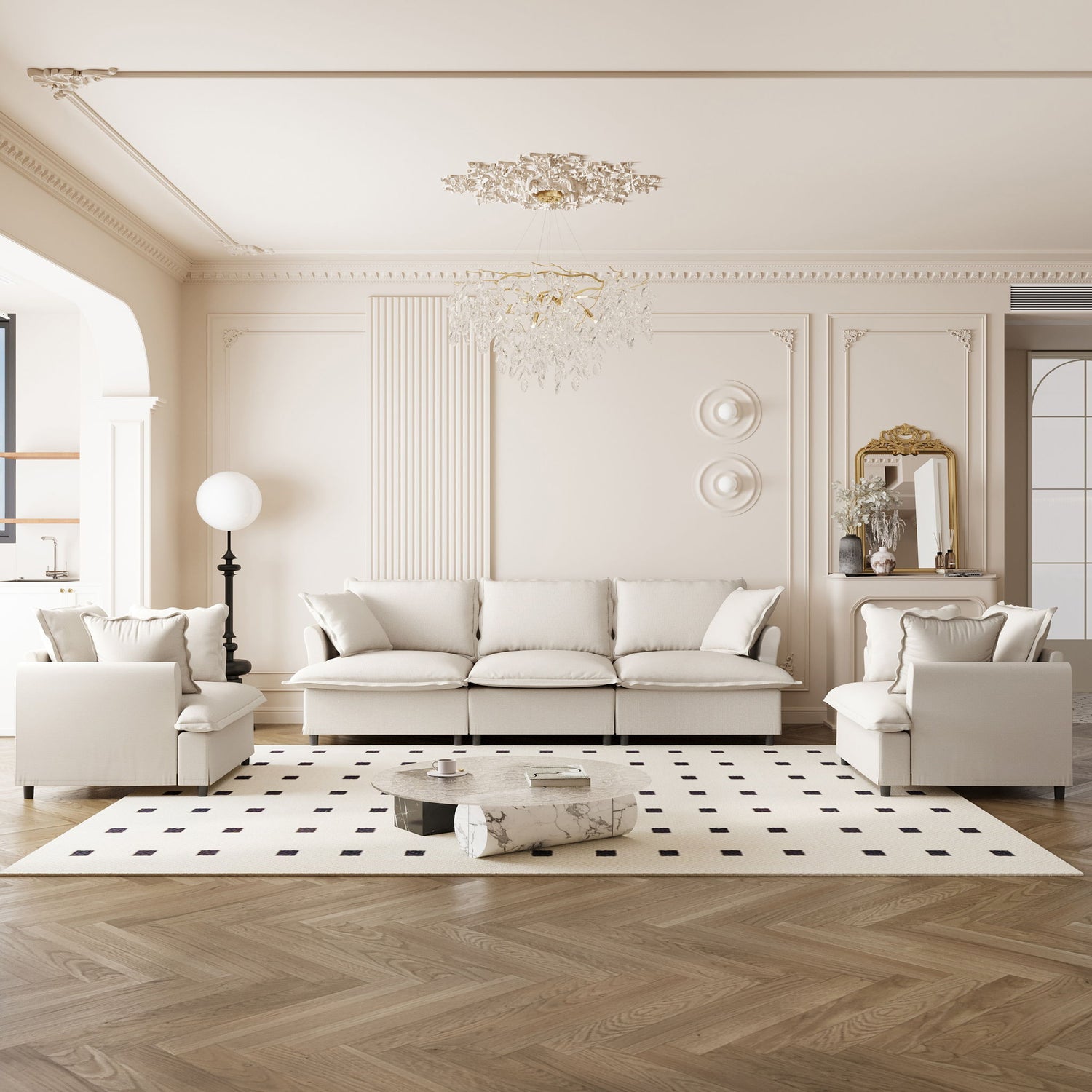 Living Room Set Modular Sectional Couch, Upholstered Sofa &amp; Armchair &amp; Movable Ottoman