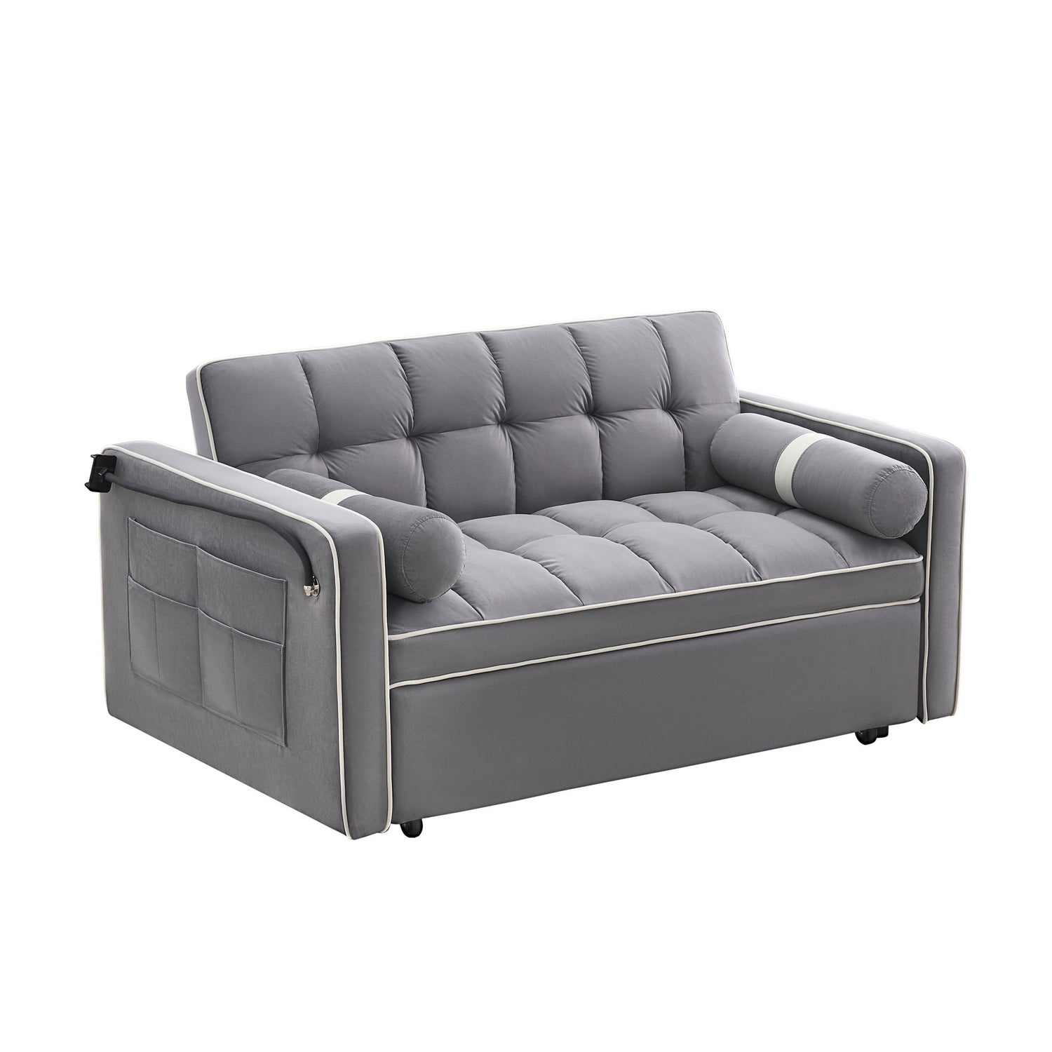 Modern Convertible Sleeper Sofa Couch With Pull Out Bed With Pillows &amp; Side Pockets For Small Space, Living Room