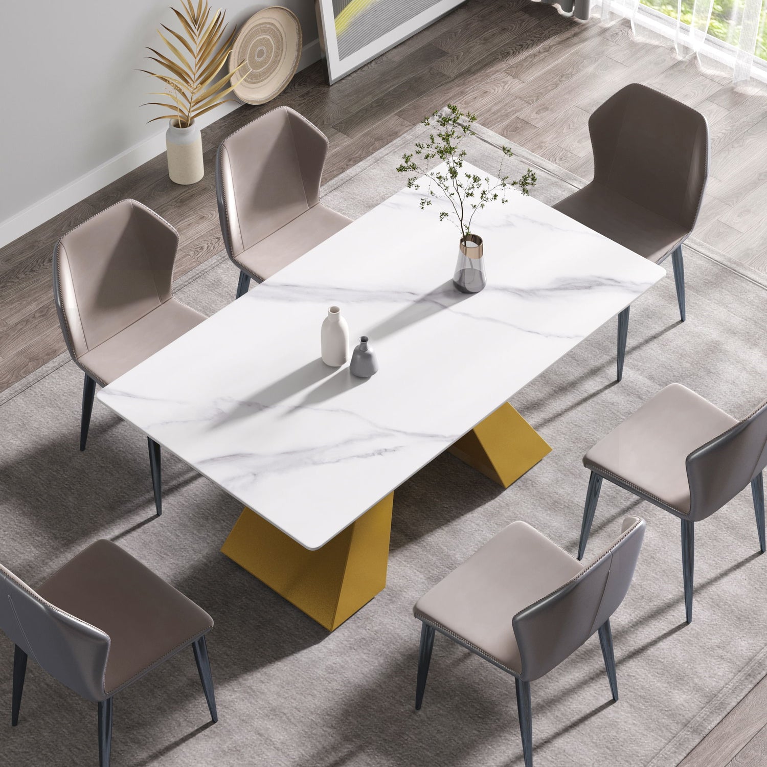 63&quot; Modern Artificial Stone Straight Edge Golden Metal Leg Dining Table - White / Gold