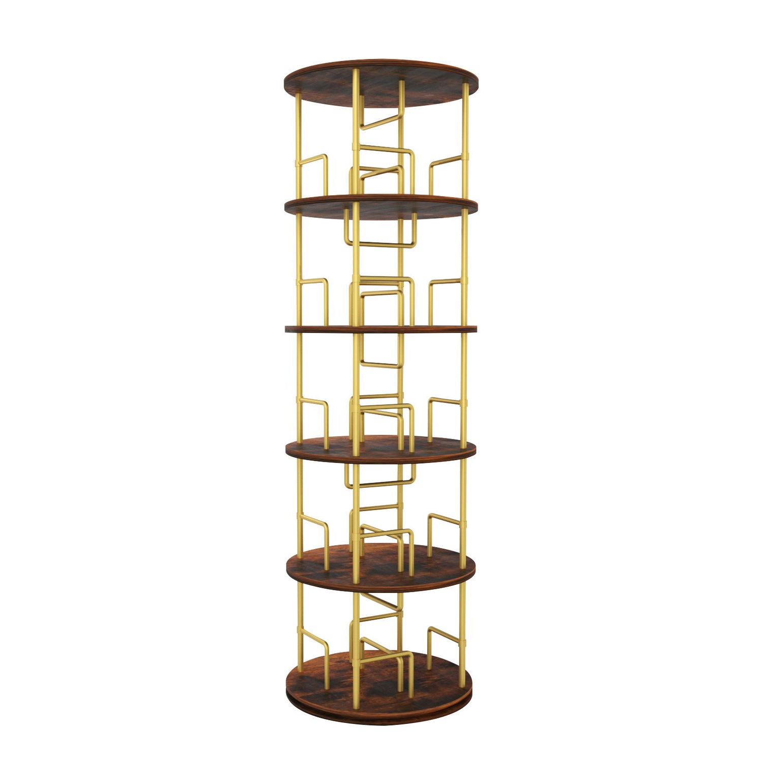 5 Tier 360 Rotating Bookshelf, Display Round Floor Standing Swivel Bookcase For Bedroom - Golden