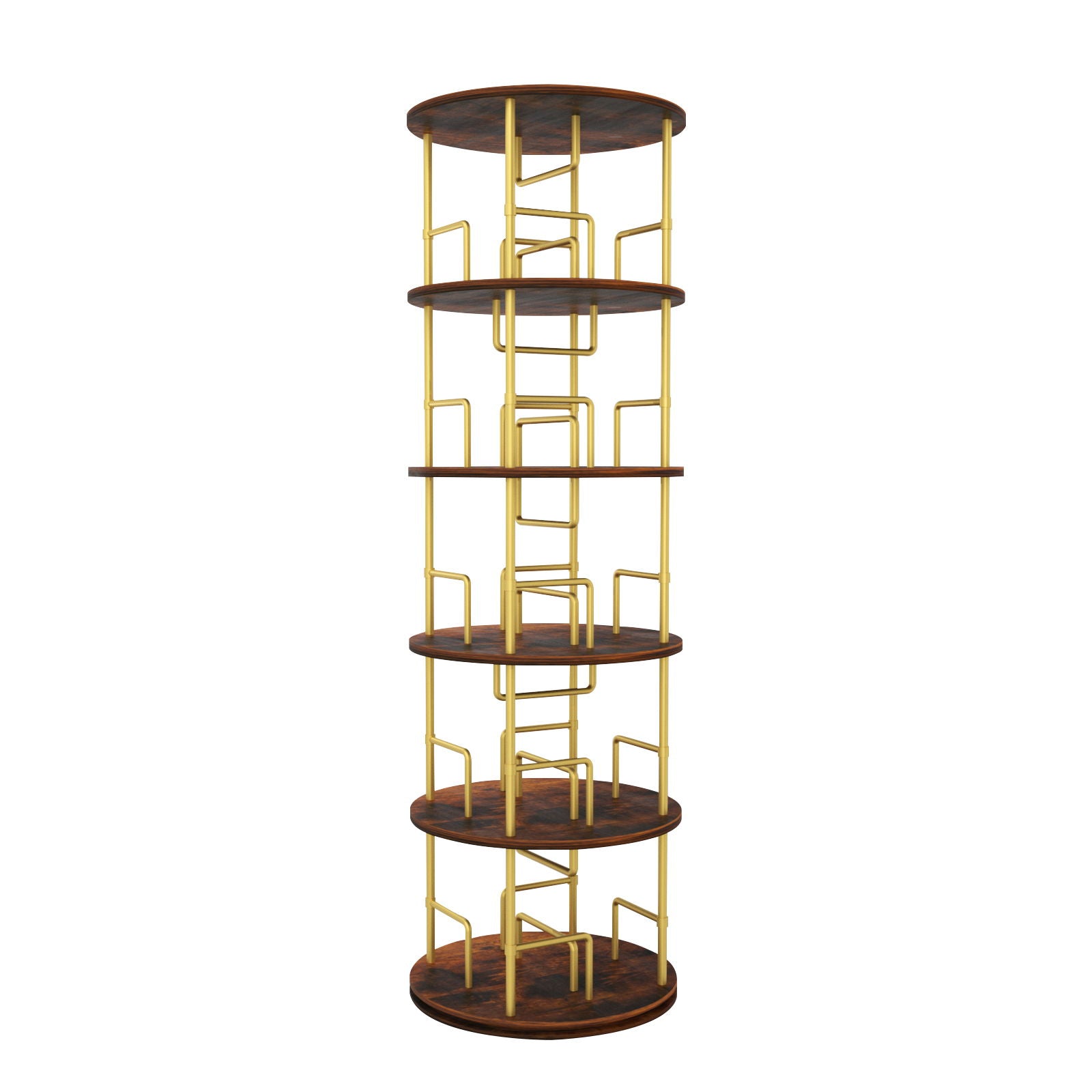 5 Tier 360 Rotating Bookshelf, Display Round Floor Standing Swivel Bookcase For Bedroom - Golden