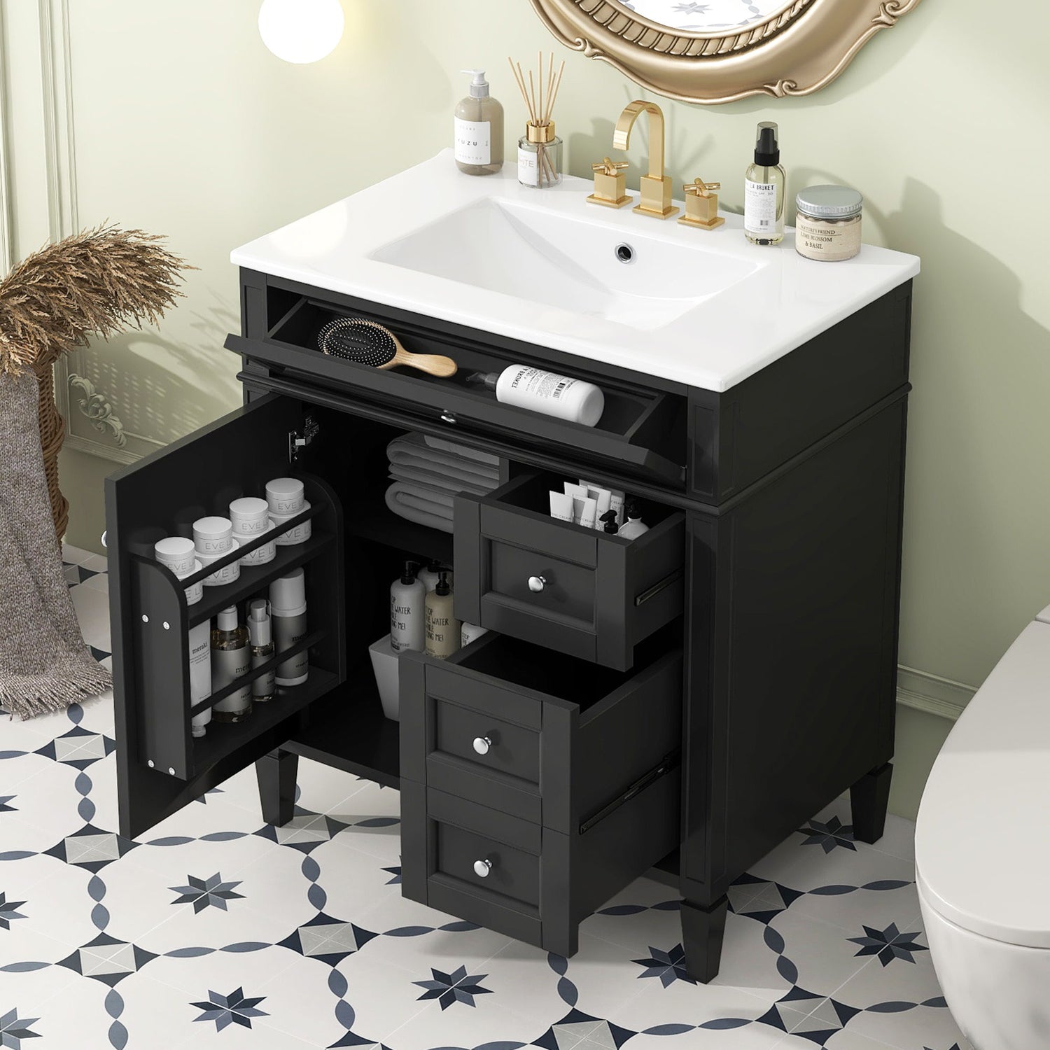 Bathroom Vanity With Top Sink, 2 Drawers &amp; Tip Out Drawer