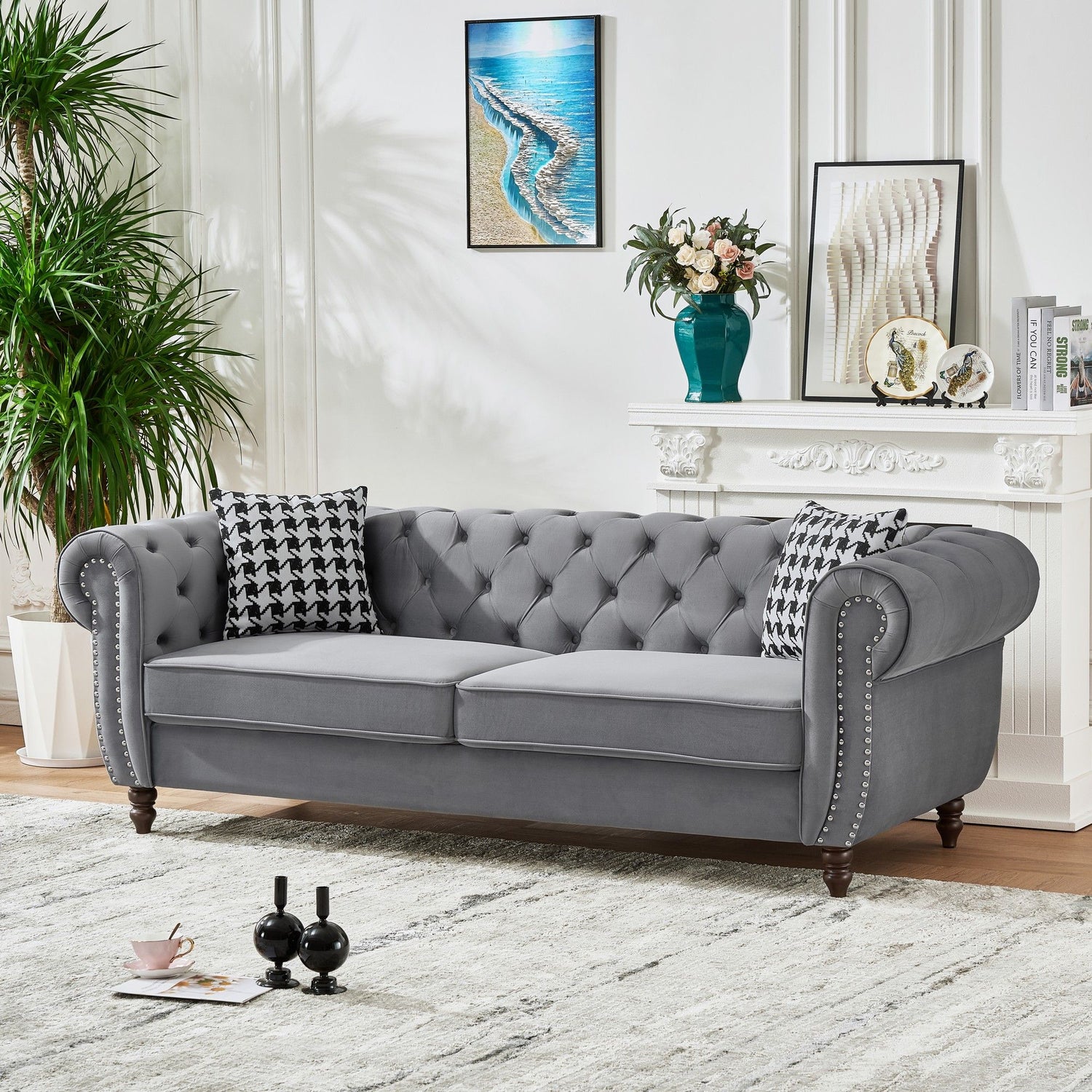 Chesterfield Velvet Upholstery Fabric Sofa With Roll Armrest &amp; Nailhead