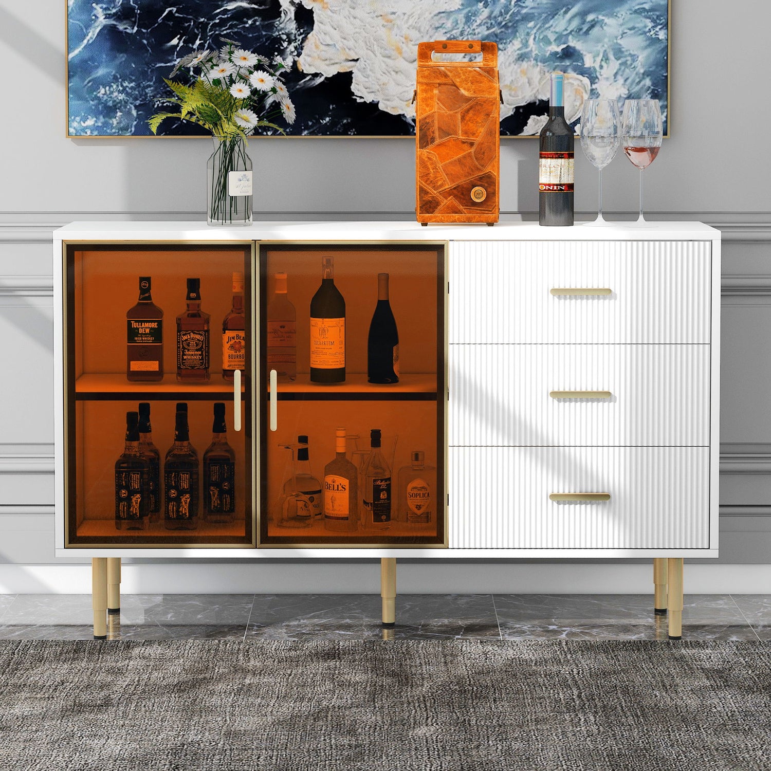 Modern Sideboard Buffet Cabinet Marble Sticker Tabletop And Amber-Yellow Tempered Glass Doors With Gold Metal Legs &amp; Handles