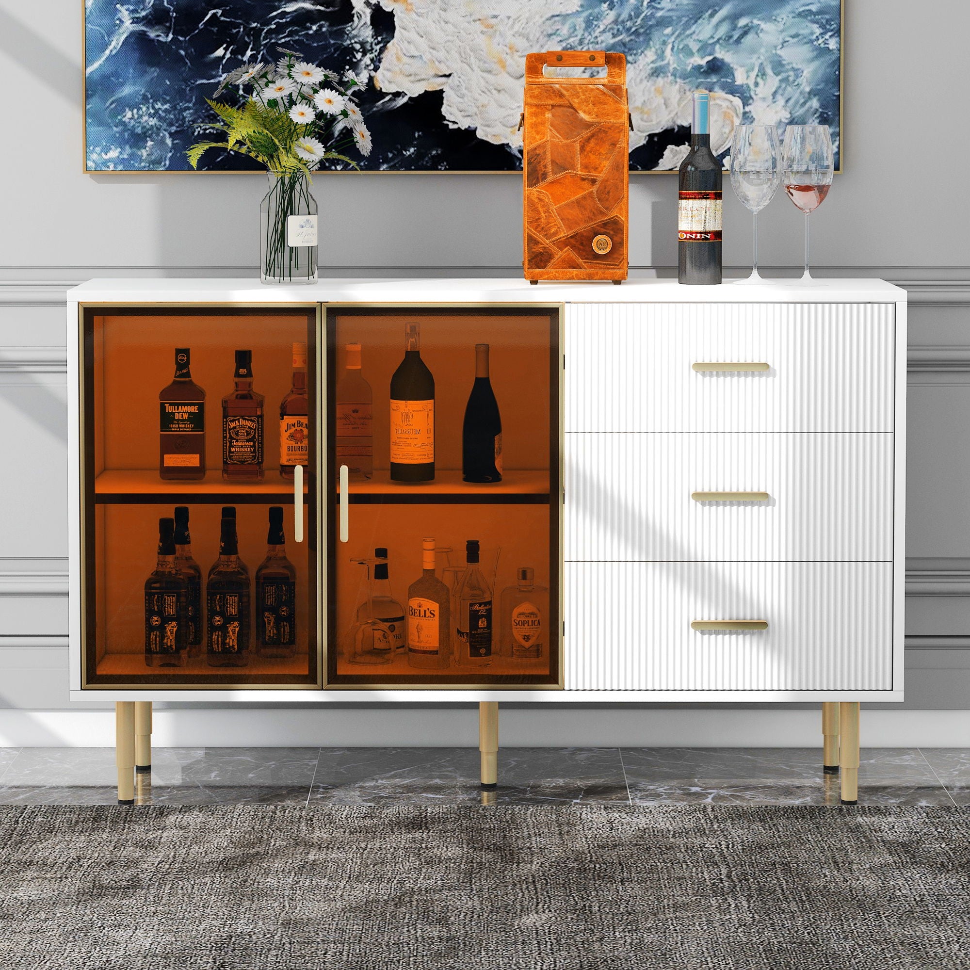 Modern Sideboard Buffet Cabinet Marble Sticker Tabletop And Amber-Yellow Tempered Glass Doors With Gold Metal Legs &amp; Handles