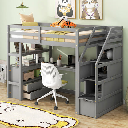 Loft Bed With Desk, Shelves, 2 Drawers, Storage Staircase