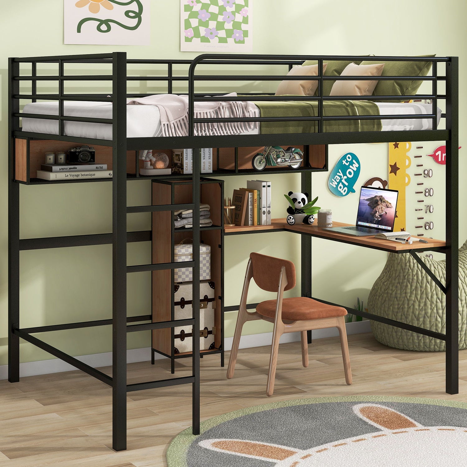 Full Size &amp; Loft Bed With L-Shaped Desk And Shelves - Black