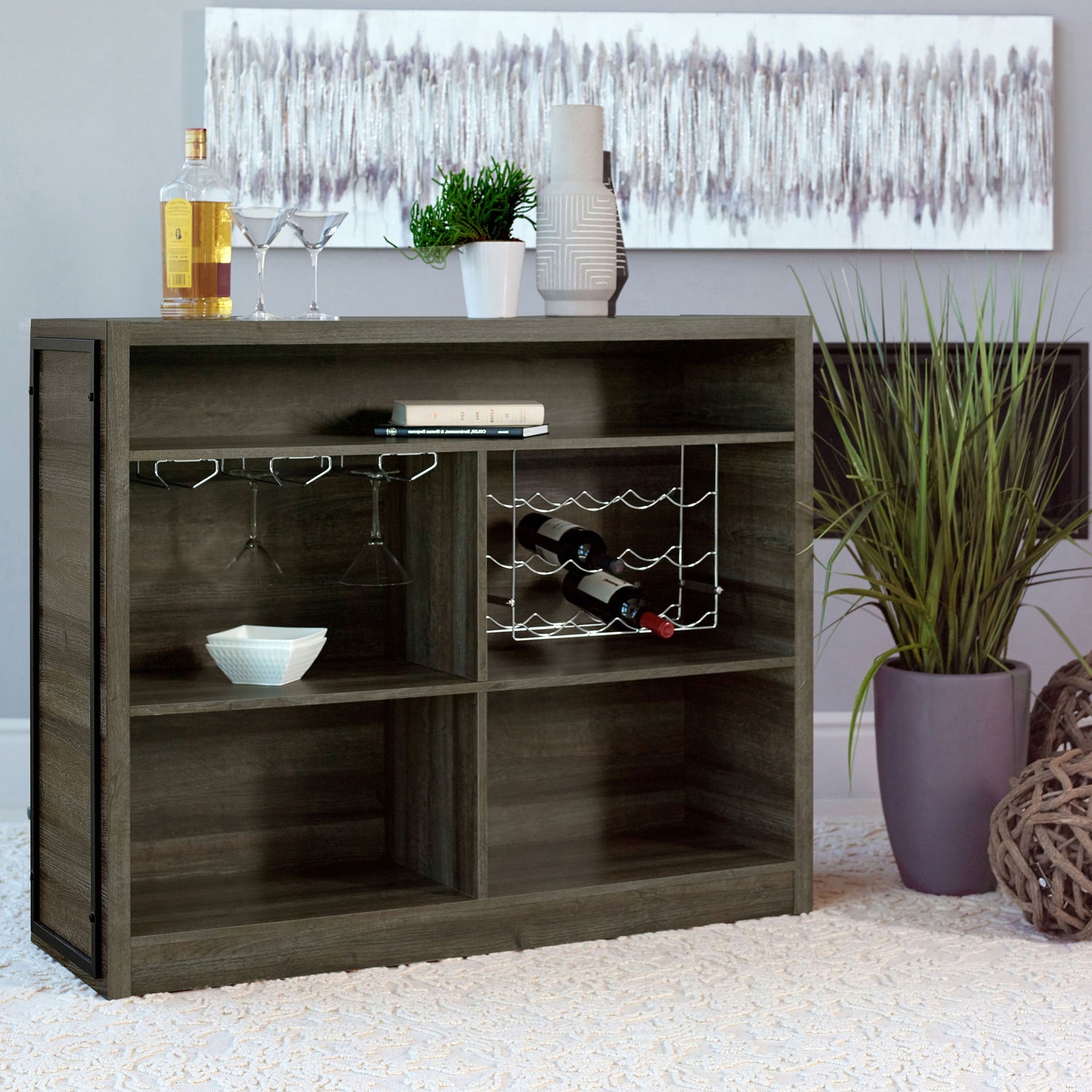 Garrison - 5 Shelf Home Bar Wine Cabinet With Stemware Racks And 12 Bottle Wine Storage - Oak